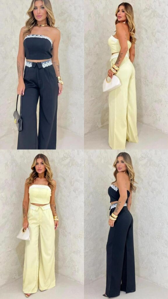 conjunto de calça corselet tomara que caia., alfaiataria, na cor preta com renda branca. g