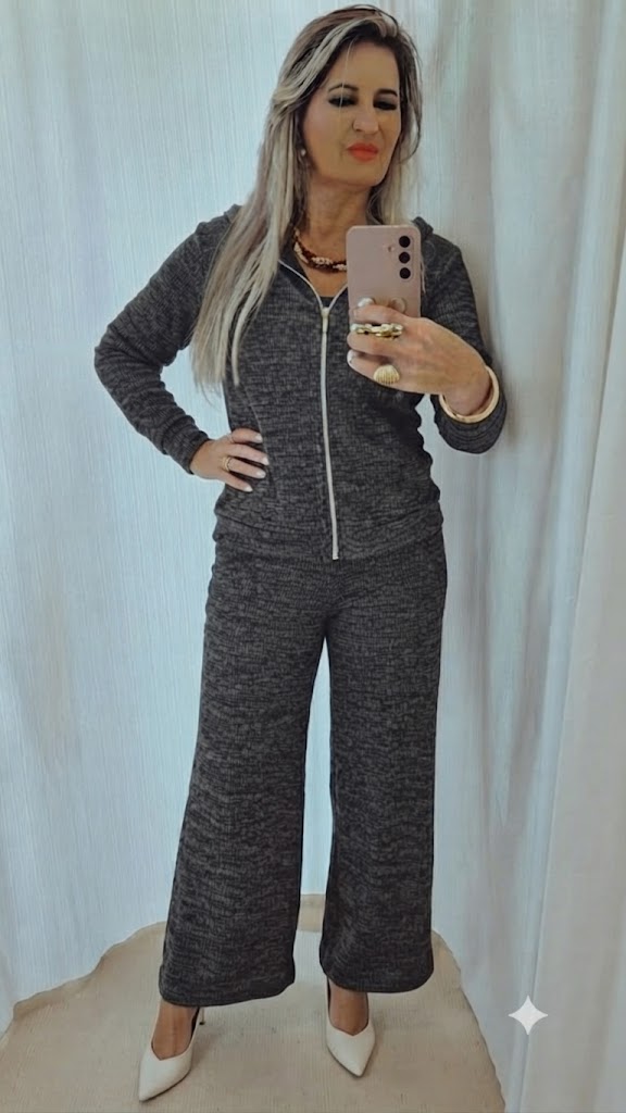 Conjunto calça jaqueta tecido lanzinha grossa, cor marrom, GG