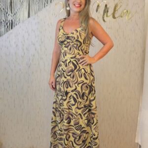 Vestido longo, amarração nas costas alcinha regulavel, crepe, Amarelo e marrom. U