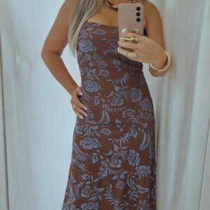 Vestido azul com marrom, longo, amarraçao alcinha regulável. U