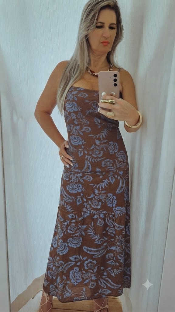 Vestido azul com marrom, longo, amarraçao alcinha regulável. U