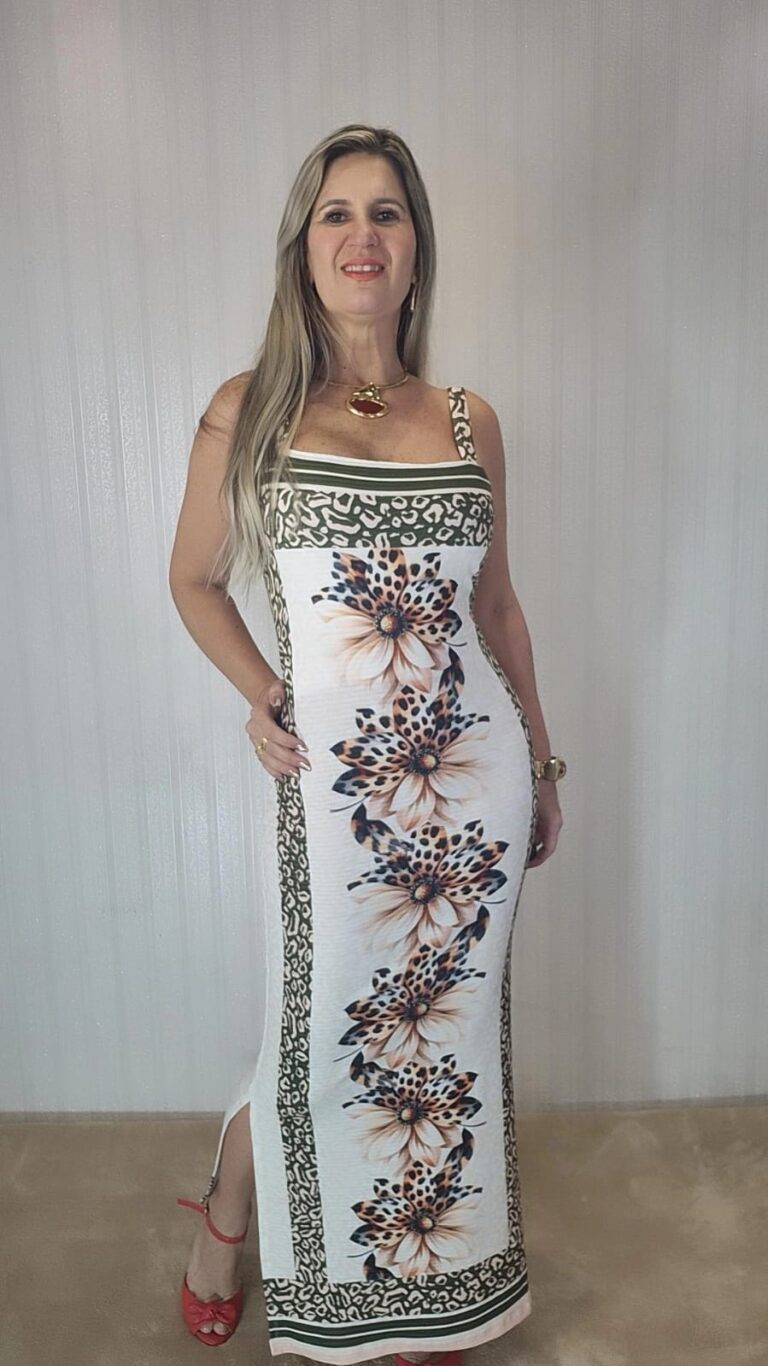 Vestido longo com alça, malha, na cor bege frente print