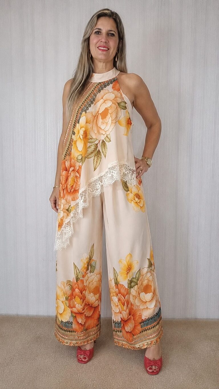 Conjunto calça e bata assimétrica com renda.